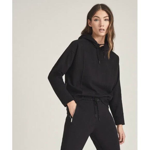 Reiss Arden Hoodie Womens M Black Crop Jersey Rib Zip Relaxed Loungewear Rock - Picture 13 of 14